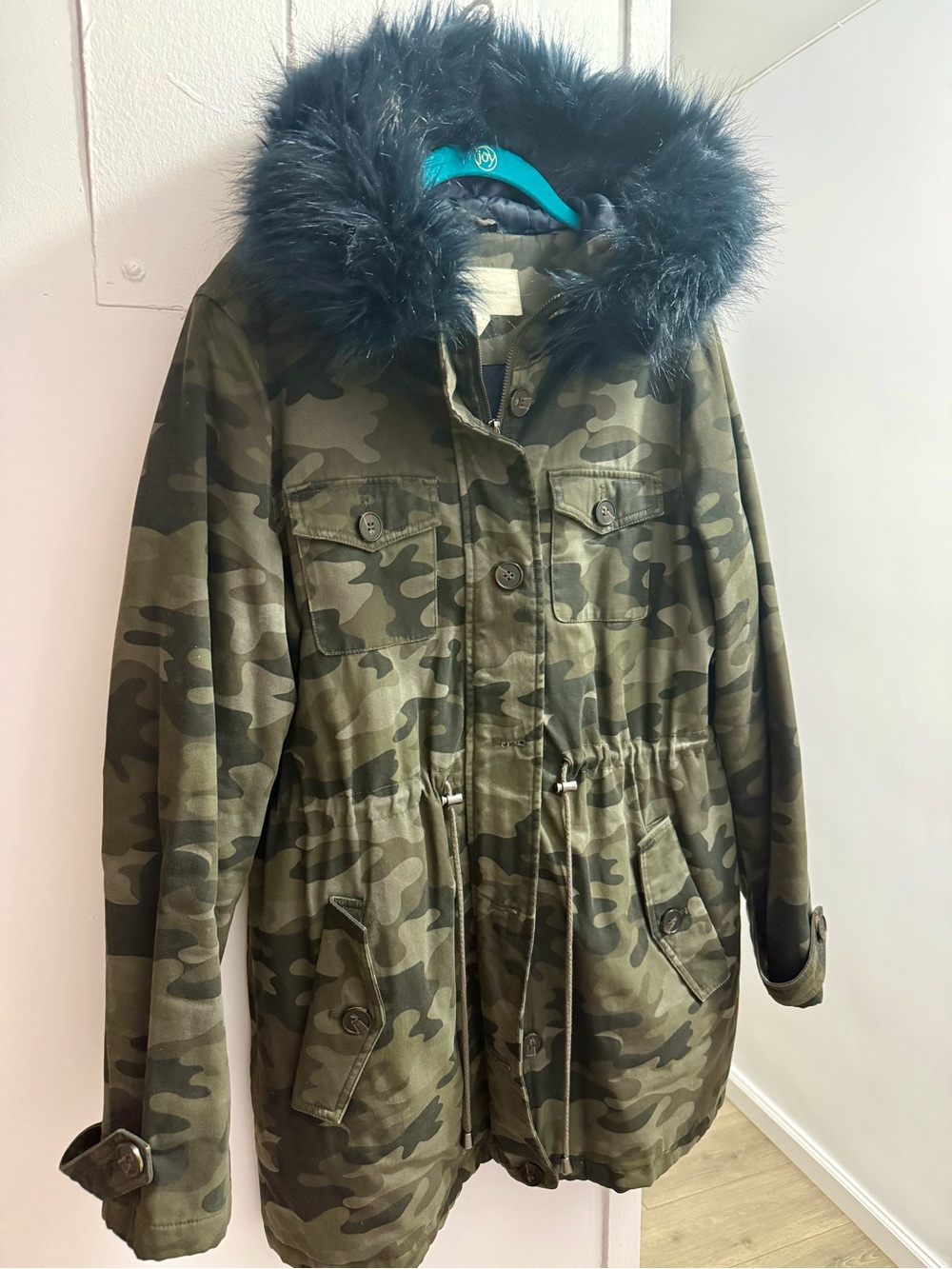 BCBGeneration Green Camouflage Utility Parka with Faux Fur Hood